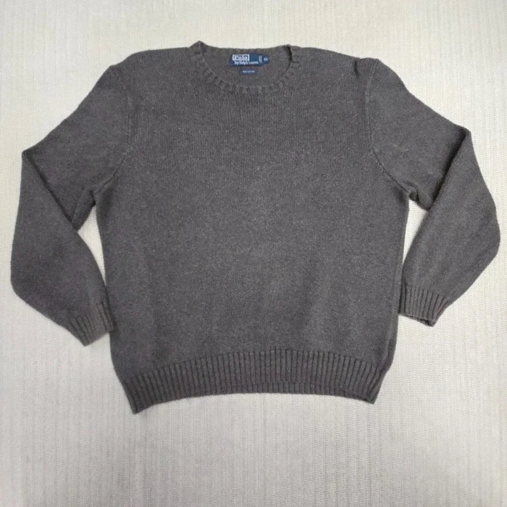 Vintage Polo Ralph Lauren Sweater Mens XL Gray Cotton Pullover Purple Pony